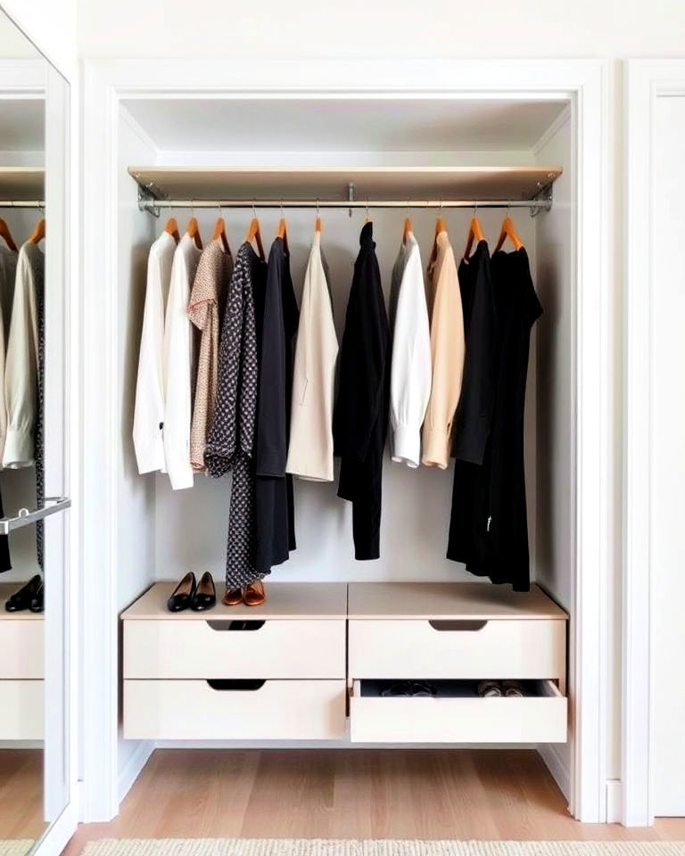 floating drawers and clothing rod combo - 30 Open Closet Ideas