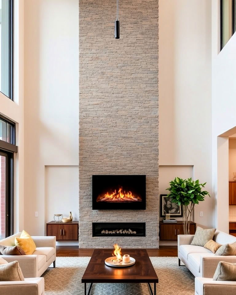 floating fireplace to add warmth - 25 High Ceiling Living Room Ideas