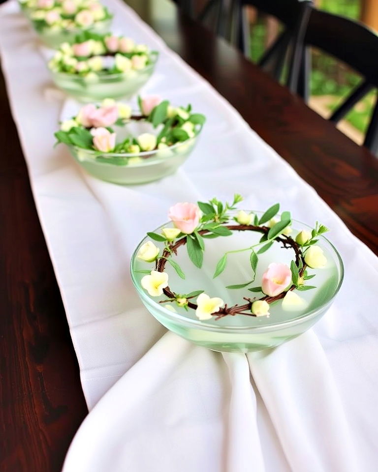 floating floral wreaths as centerpiece - 30 Rehearsal Dinner Centerpiece Ideas