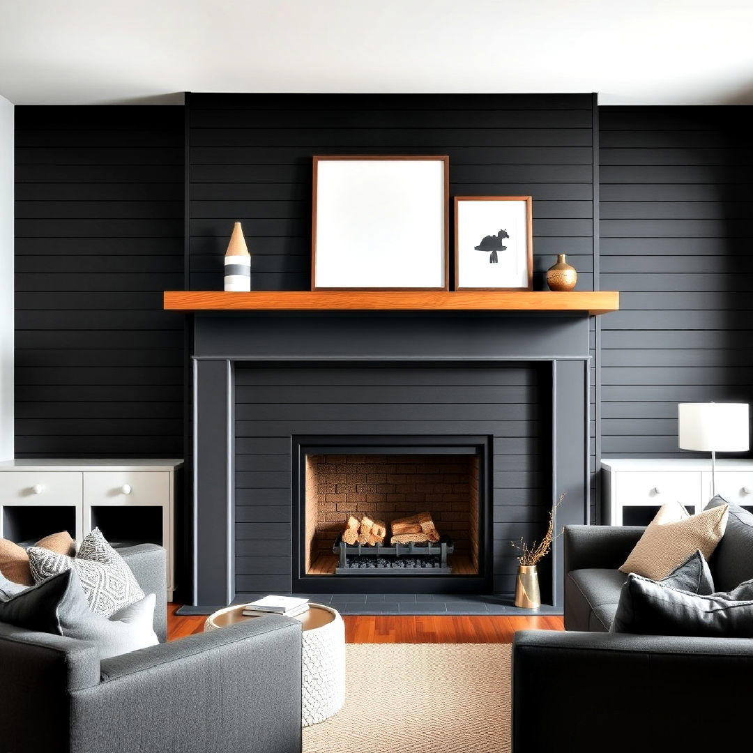floating mantel above black shiplap fireplace - 40 Black Shiplap Fireplace Ideas