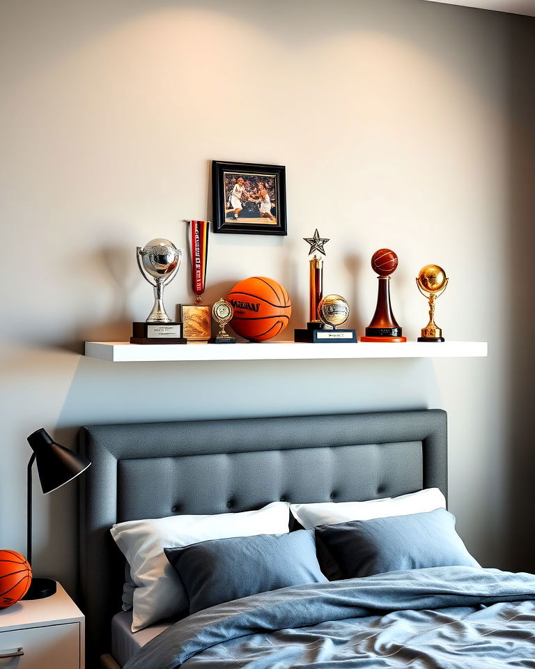 floating shelf for basketball room decor - 25 Basketball Room Decor Ideas