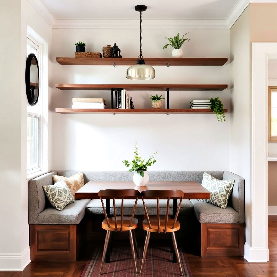 floating shelves above banquette - 40 Banquette Seating Ideas