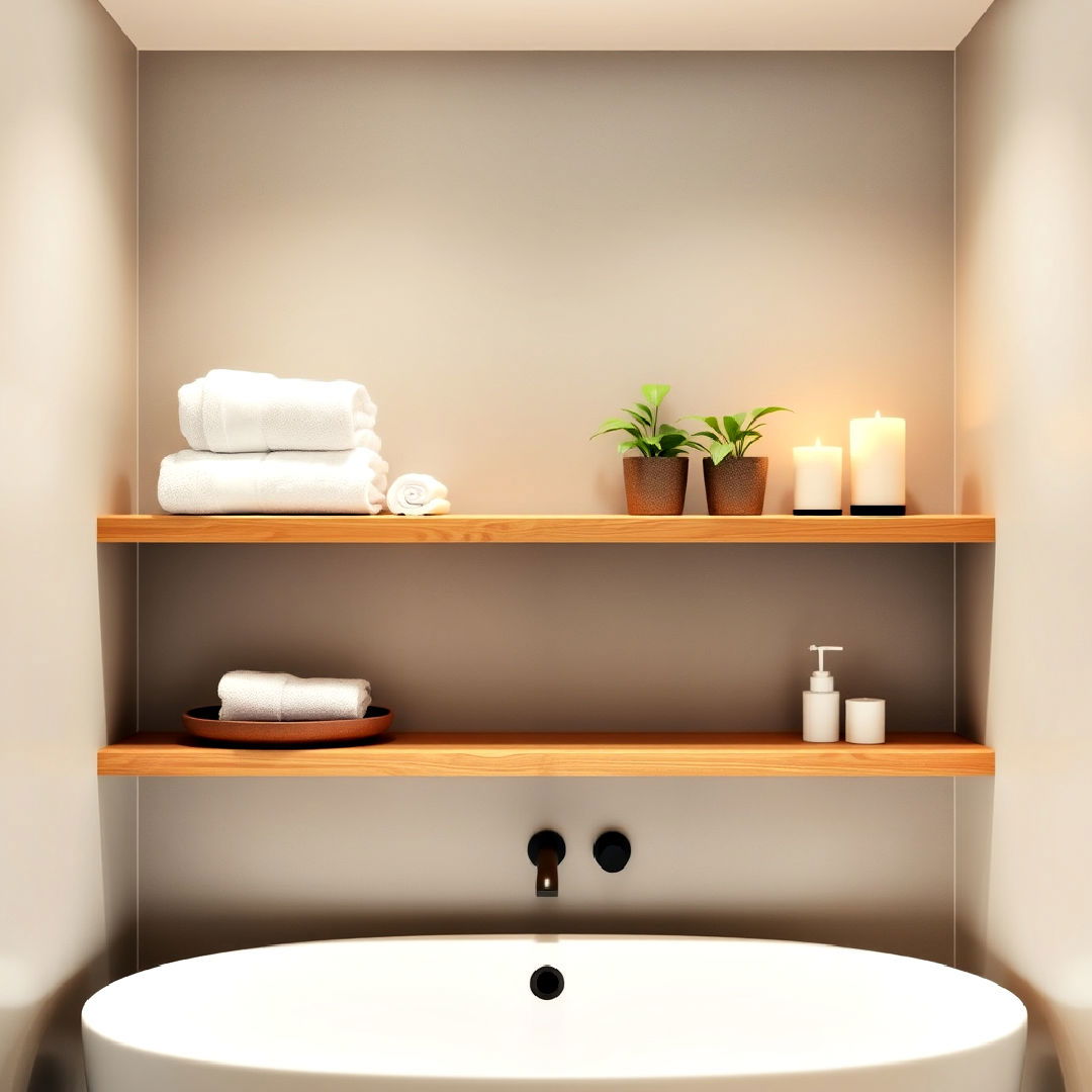 floating shelves as elegant storage solution - 40 Japandi Bathroom Ideas