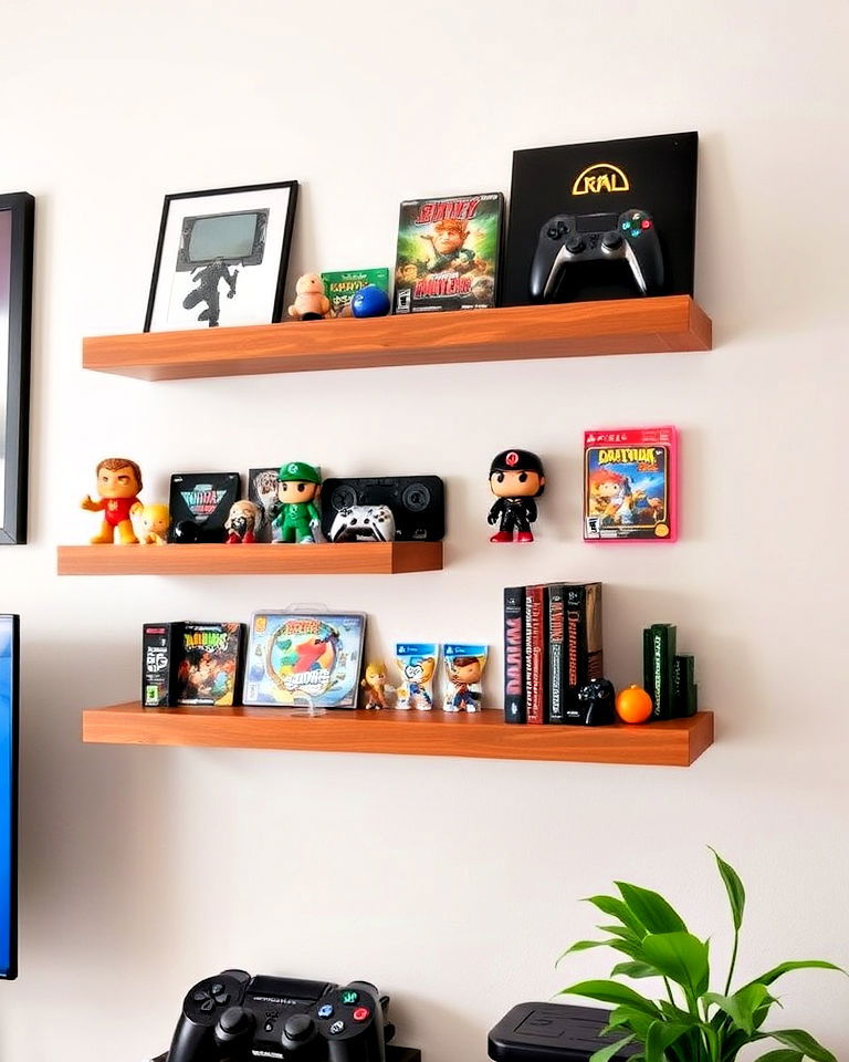 floating shelves for collectibles display - 20 Gamer Girl Room Ideas