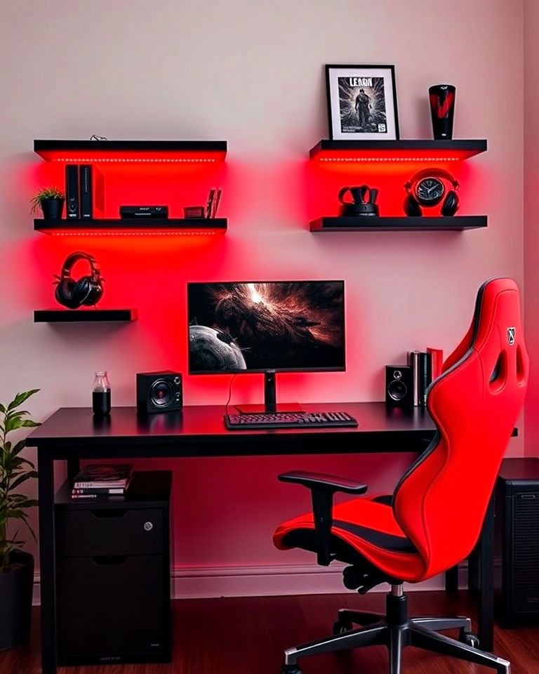 floating shelves for compact red and black gaming station - 20 Red and Black Gaming Setup Ideas