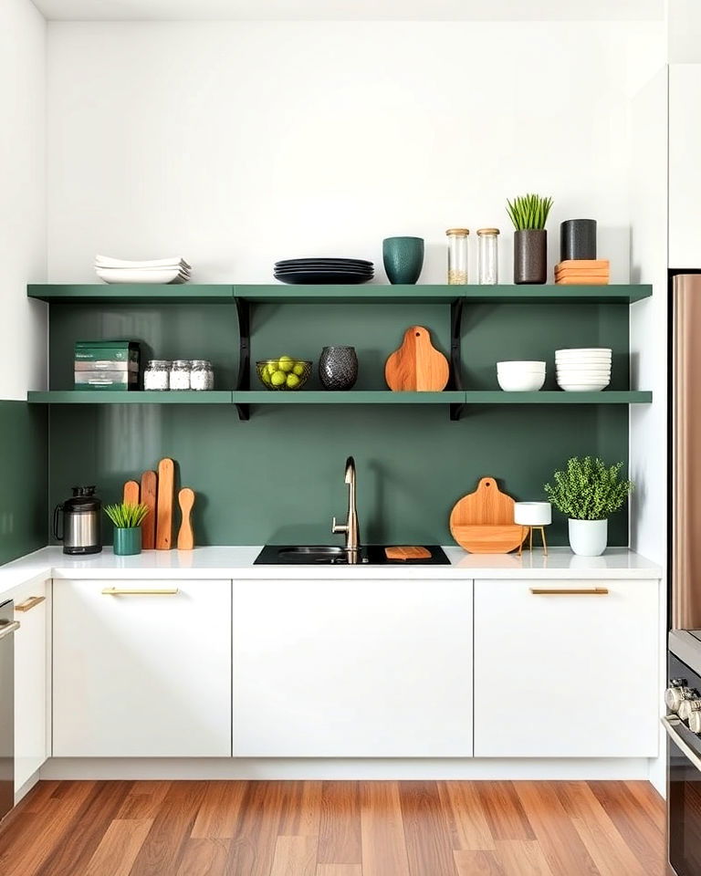 floating shelves for dark green kitchen - 40 Dark Green Kitchen Ideas