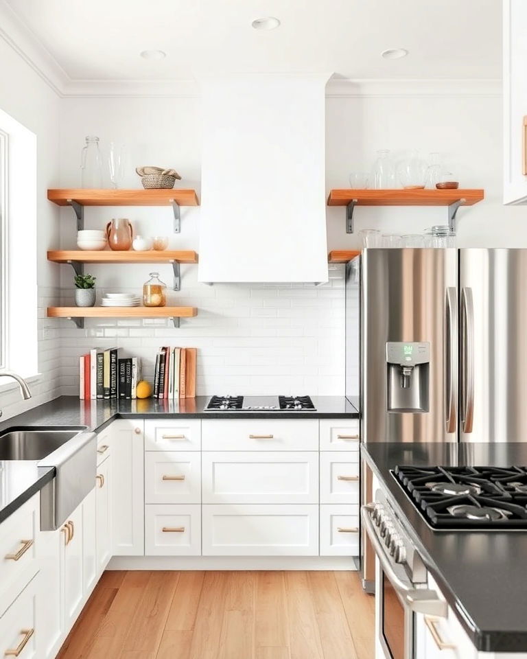 floating shelves in white kitchen with stainless steel appliances - 25 White Kitchen with Stainless Steel Appliances Ideas
