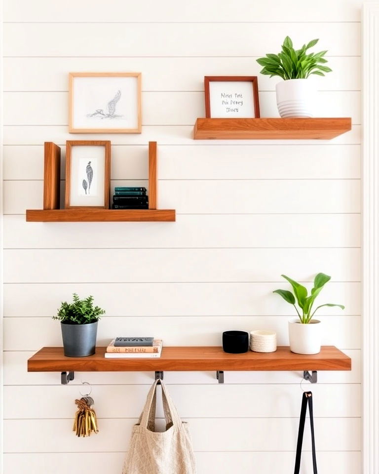 floating shelves on a shiplap wall - 25 Shiplap Wall Entryway Ideas