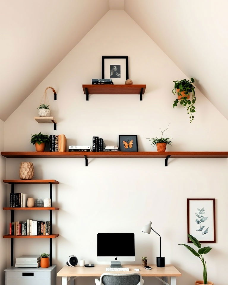 floating shelves on a vaulted wall - 40 Vaulted Ceiling Ideas