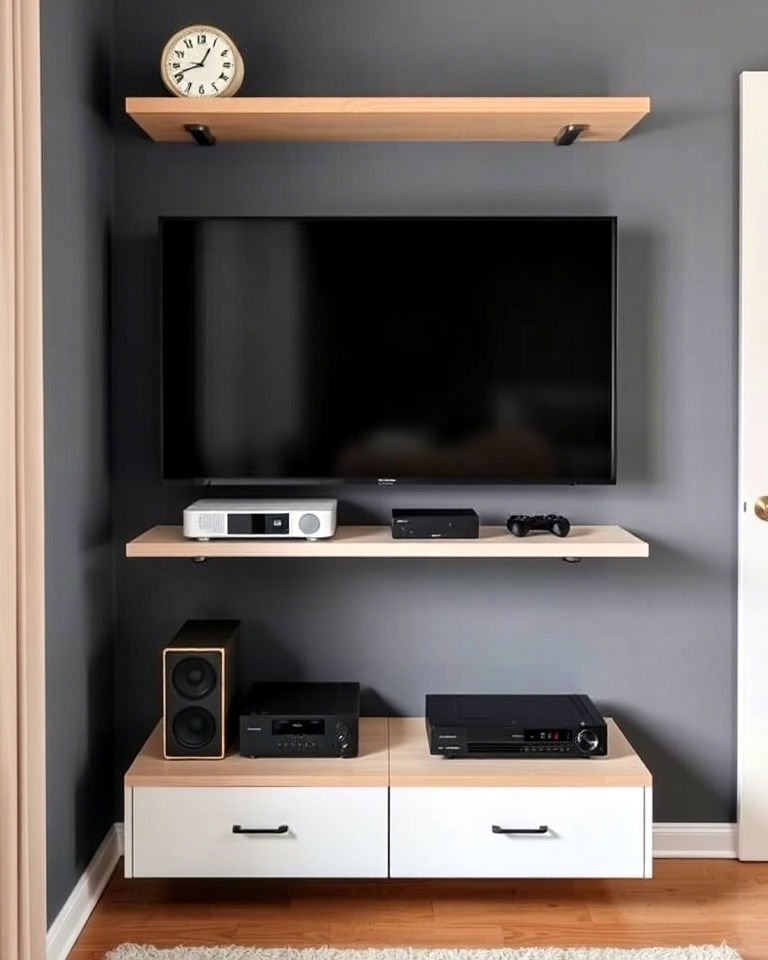 floating shelves to keep things organized - 40 Small Home Theater Ideas