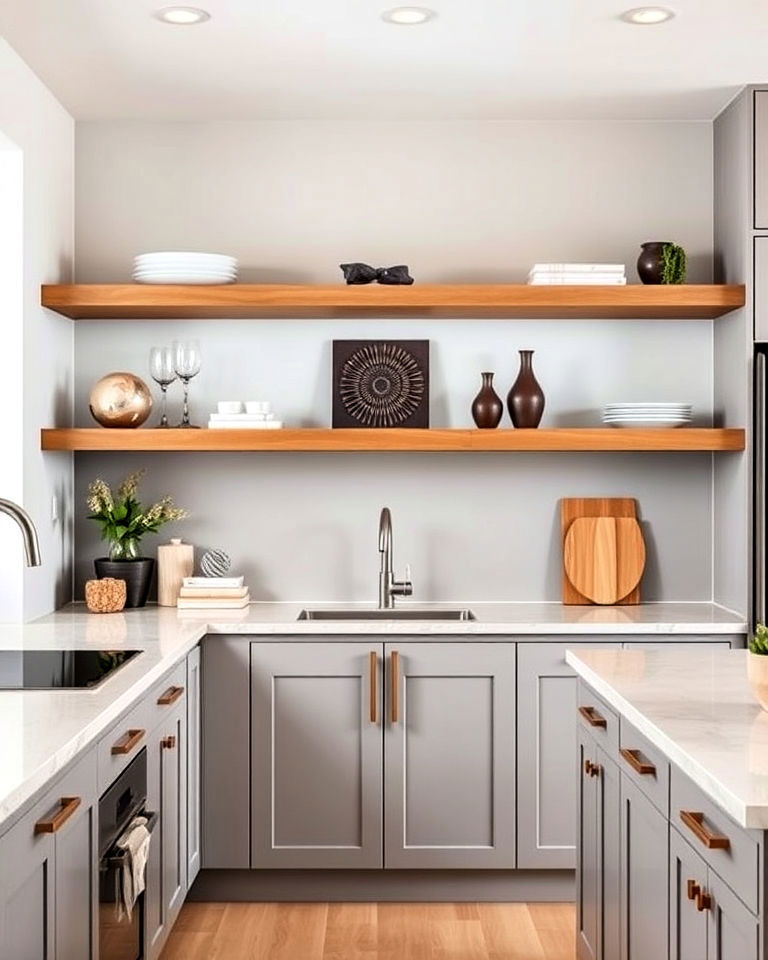 floating shelves with taupe kitchen cabinets - 25 Taupe Kitchen Cabinet Ideas