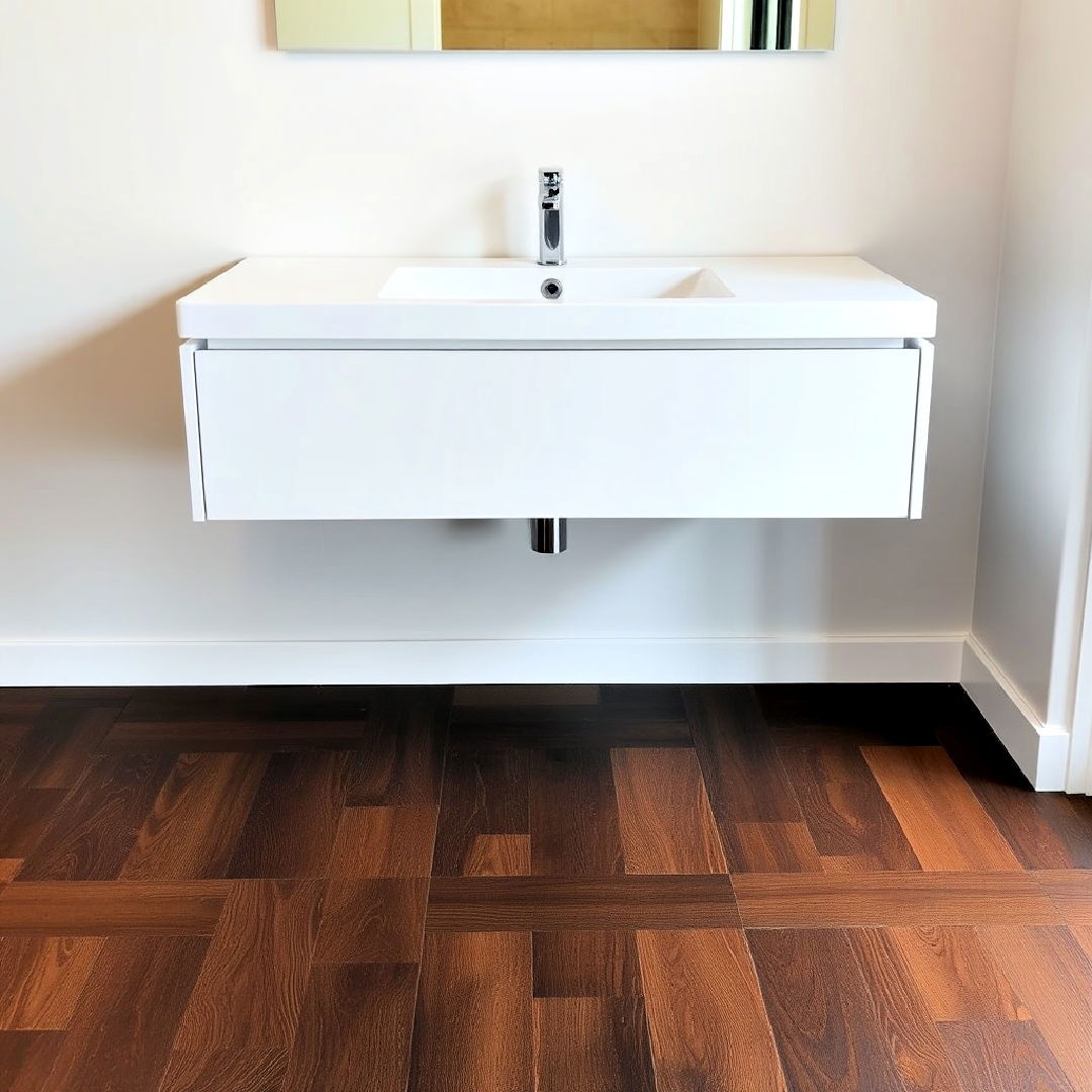 floating vanity above dark wood floor - 25 Dark Wood Floor Bathroom Ideas