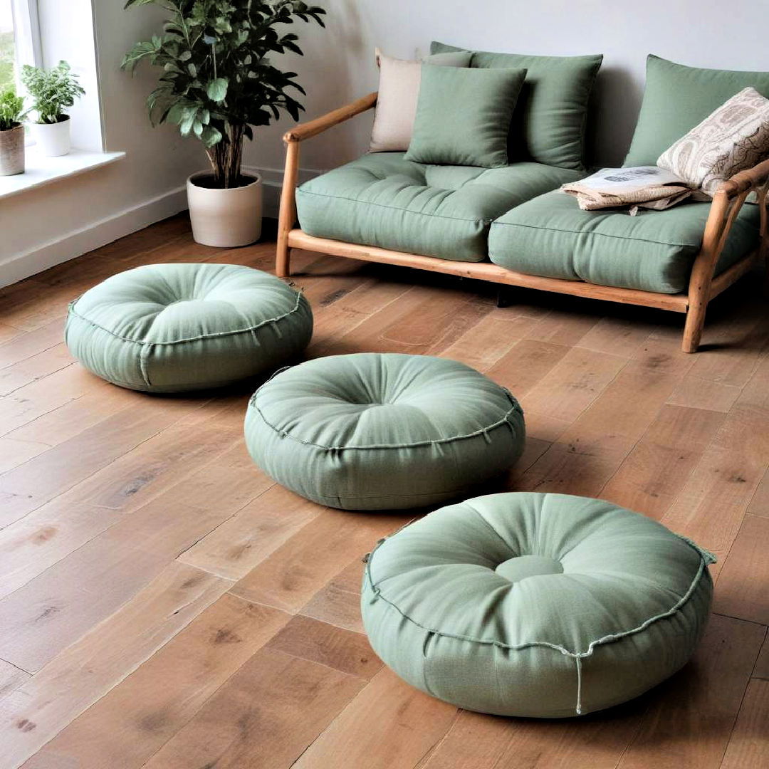floor cushion for rustic sage green living room - 25 Rustic Sage Green Living Room Ideas