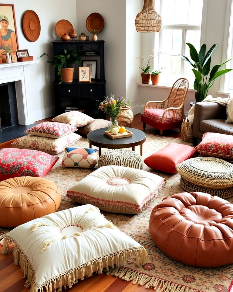 floor cushions and poufs for boho charm - 30 Bohemian Maximalist Decor Ideas