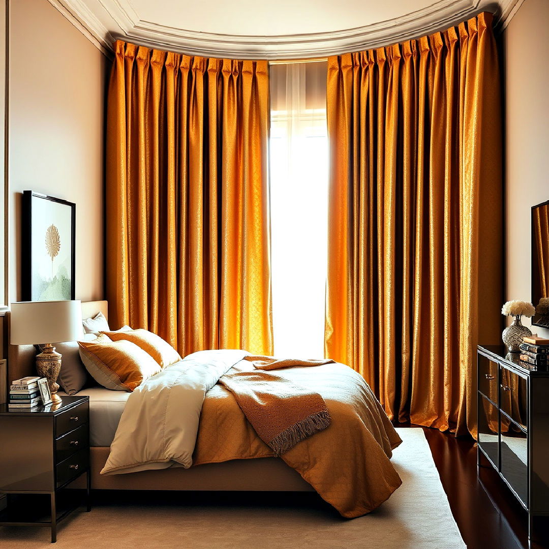 floor to ceiling gold curtains - 25 Gold Bedroom Ideas