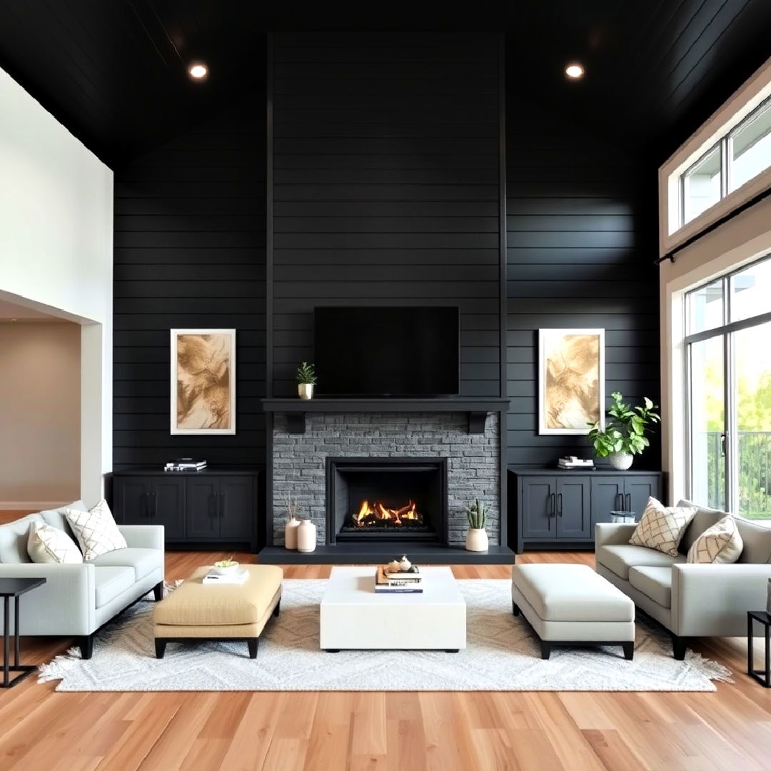 floor to ceiling shiplap design - 40 Black Shiplap Fireplace Ideas