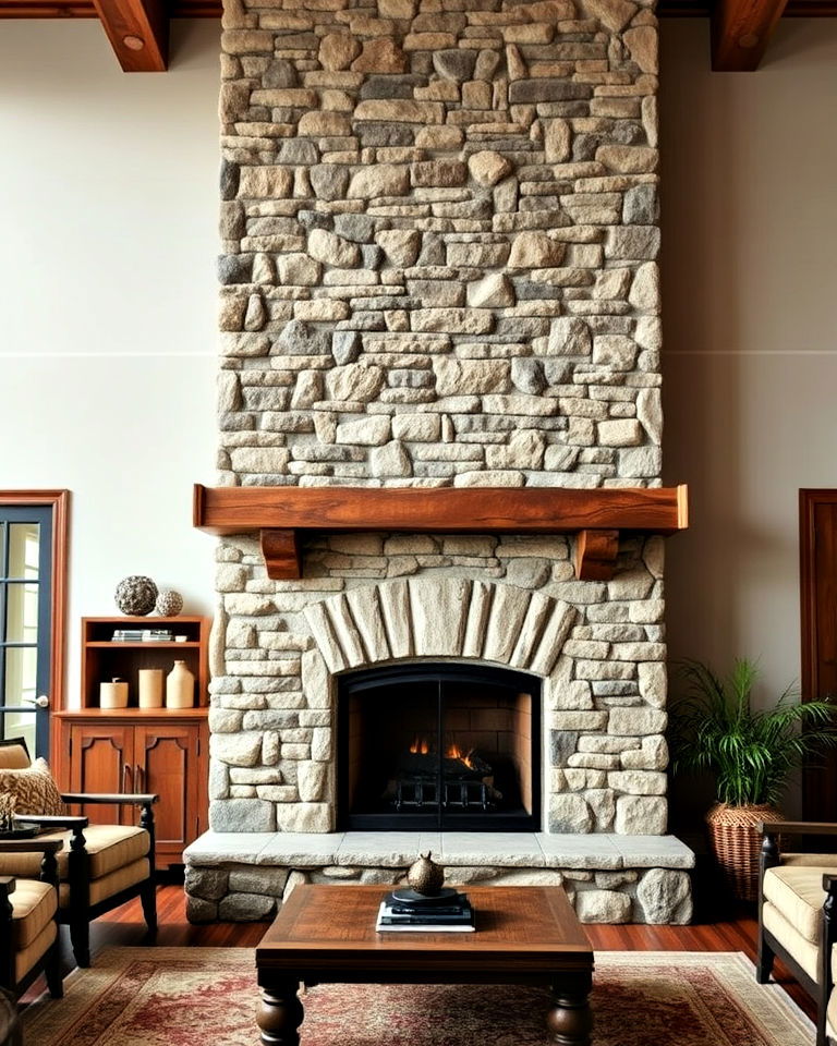 floor to ceiling stone fireplace with wood mantel - 20 Floor-to-Ceiling Stone Fireplace Ideas