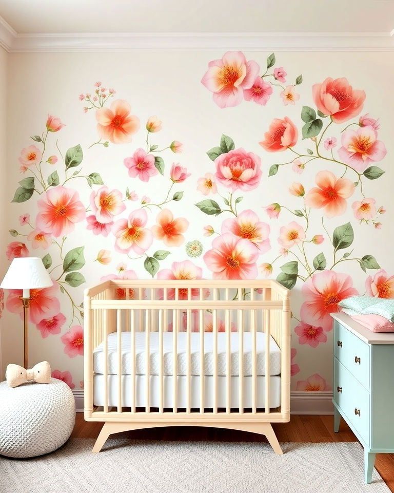 floral accent wall for nature themed nursery - 20 Nature Themed Nursery Ideas