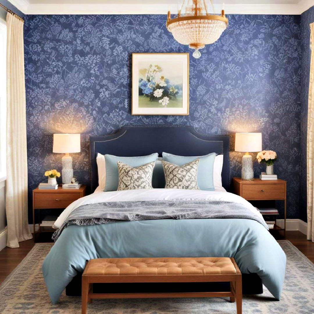 floral blue patterned wallpaper - 40 Blue Bedroom Ideas