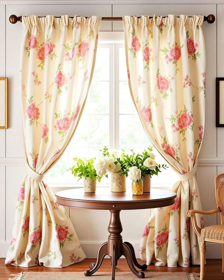 floral drapes for farmhouse interiors - 40 Farmhouse Window Treatment Ideas