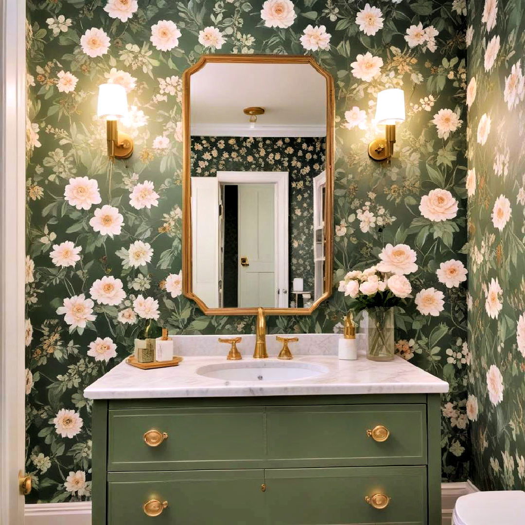 floral green wallpaper paired with gold accessories - 20 Green and Gold Bathroom Ideas
