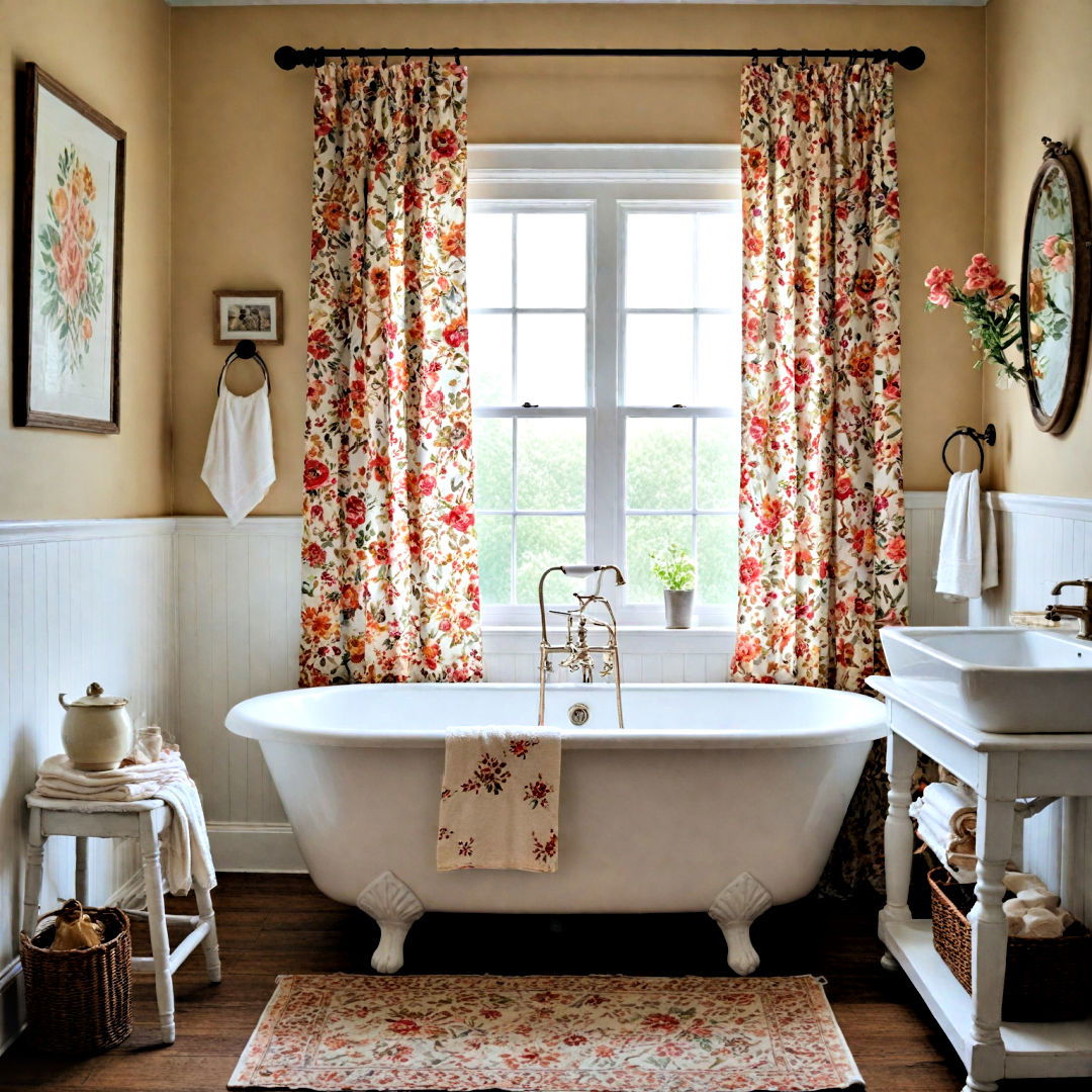 floral patterned fabrics for farmhouse bathroom - 40 Farmhouse Bathroom Ideas