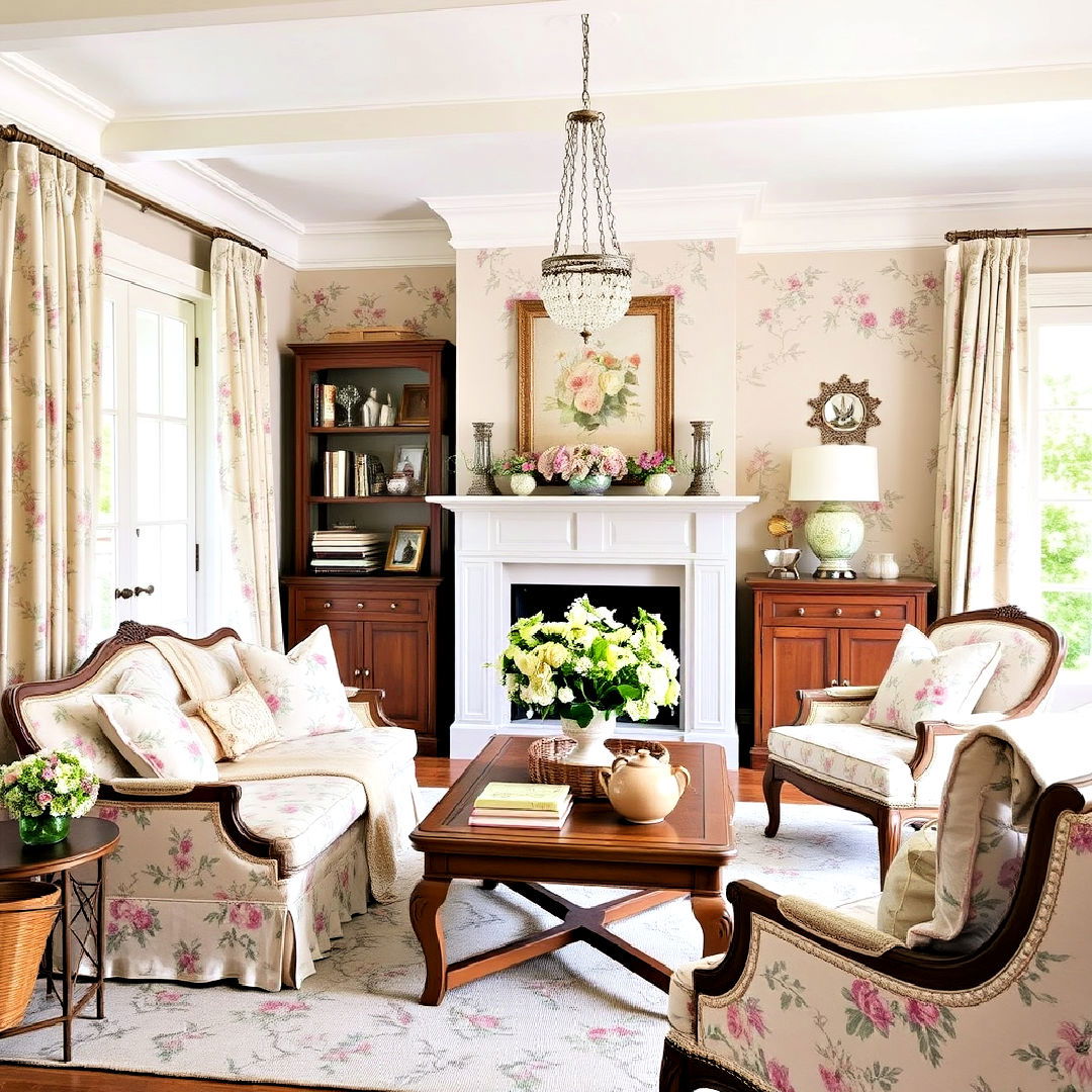 floral patterns for classic french touch - 40 French Country Living Room Ideas