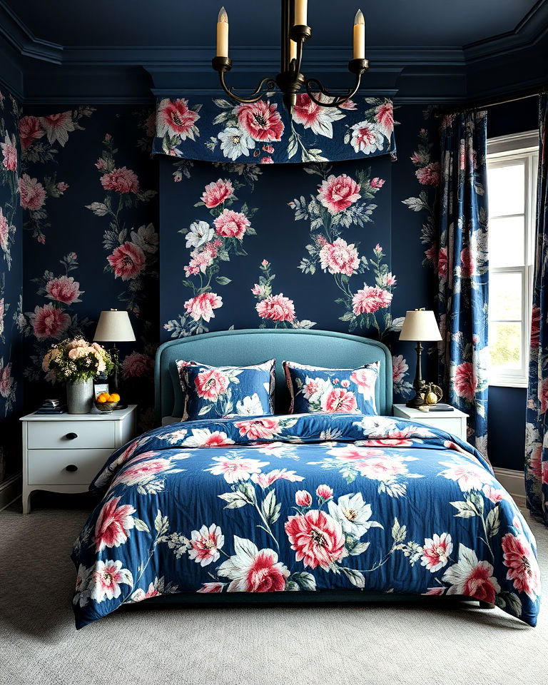 floral patterns for dark blue bedroom - 30 Dark Blue Bedroom Ideas