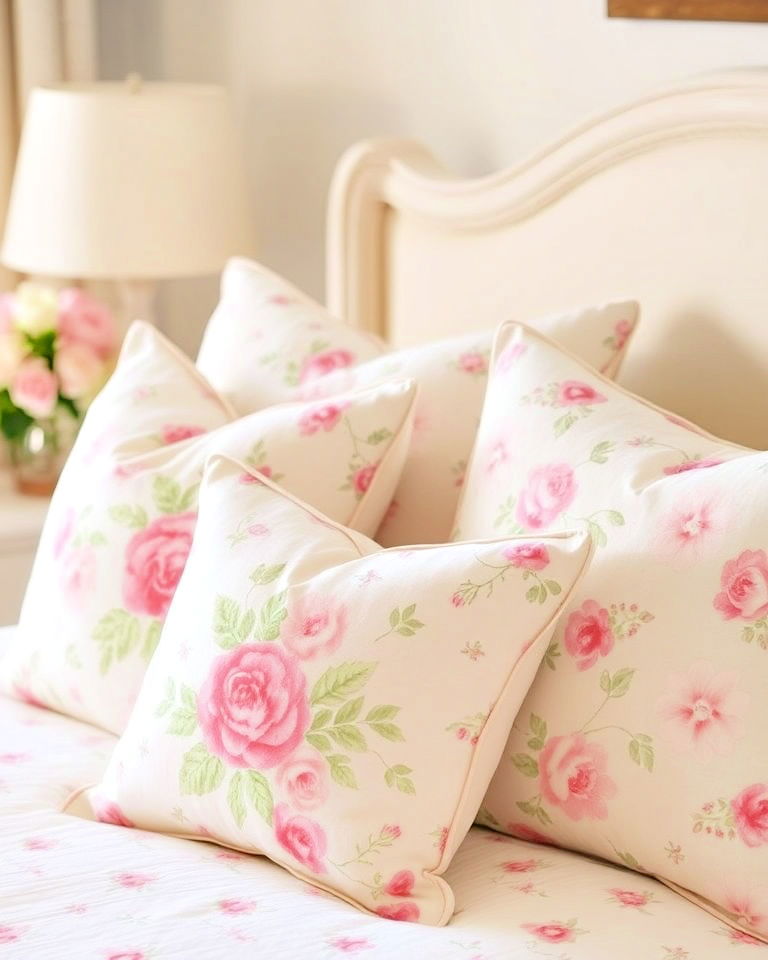 floral throw pillows for layered look - 20 Shabby Chic Bedroom Ideas