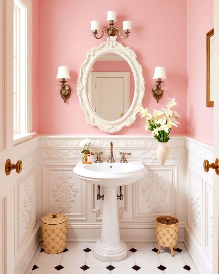 floral wainscoting to add feminine touch - 25 Powder Room Wainscoting Ideas