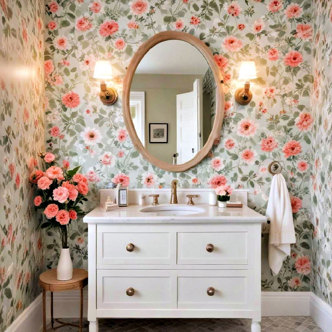 floral wallpaper for farmhouse bathroom - 40 Farmhouse Bathroom Ideas