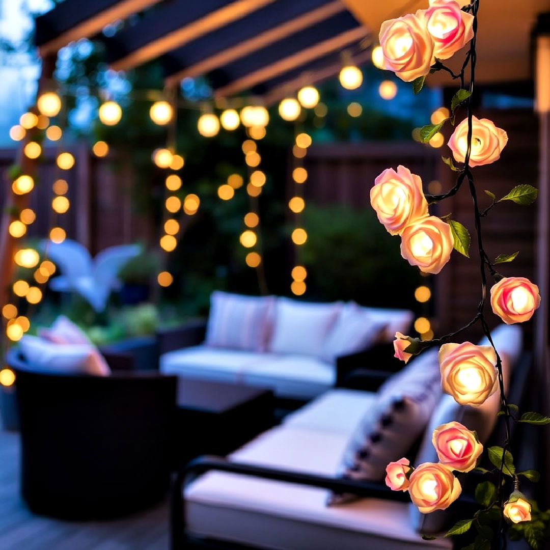 flower like rose string lights - 40 Patio String Light Ideas