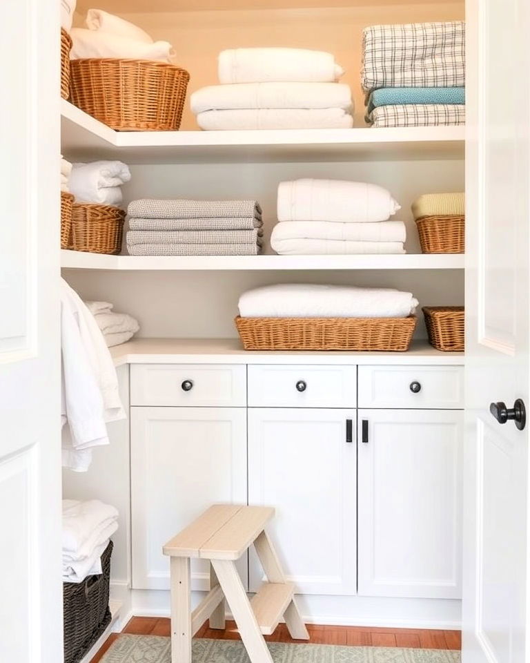 foldable step stool for high shelves - 30 Linen Closet Organization Ideas
