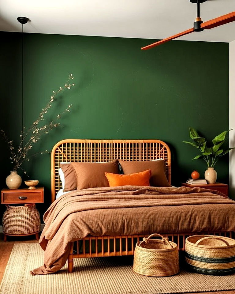 forest green accent wall with brown bedding - 20 Green and Brown Bedroom Ideas