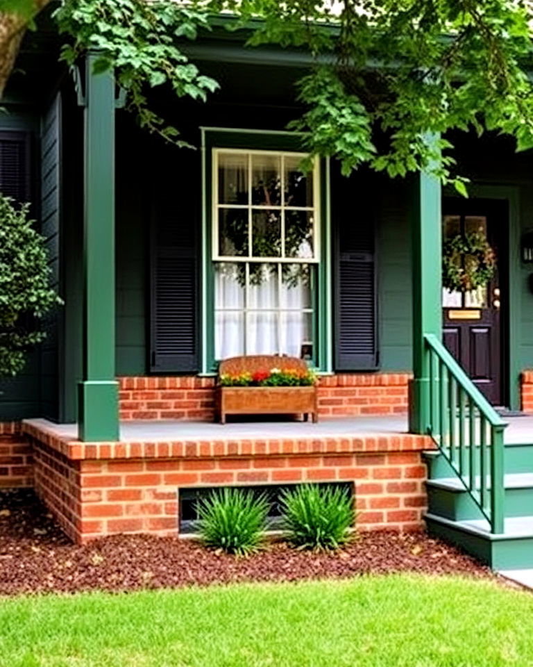 forest green exterior with brick detailing - 25 Farmhouse Green Exterior Home Ideas