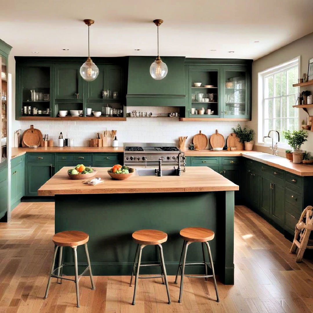 forest green paired with wooden elements - 40 Painted Kitchen Cabinet Ideas