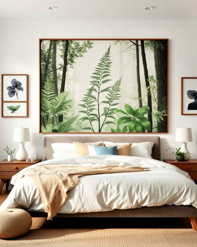 forest themed bedroom with botanical artwork - 20 Forest-Themed Bedroom Ideas