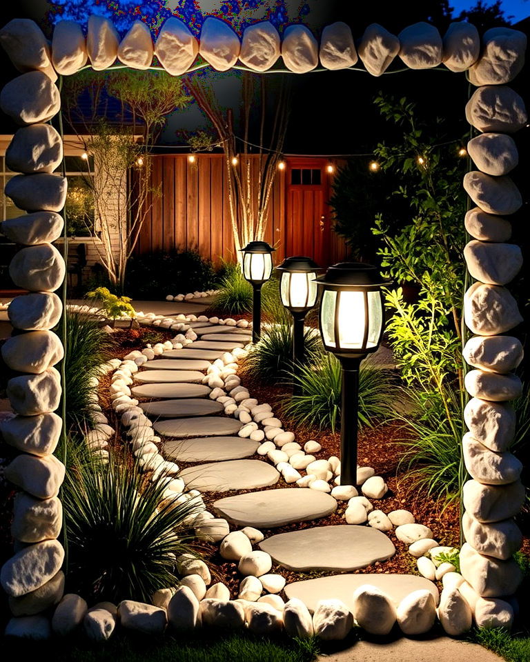 frame outdoor lighting with white rocks - 25 White Rock Landscaping Ideas