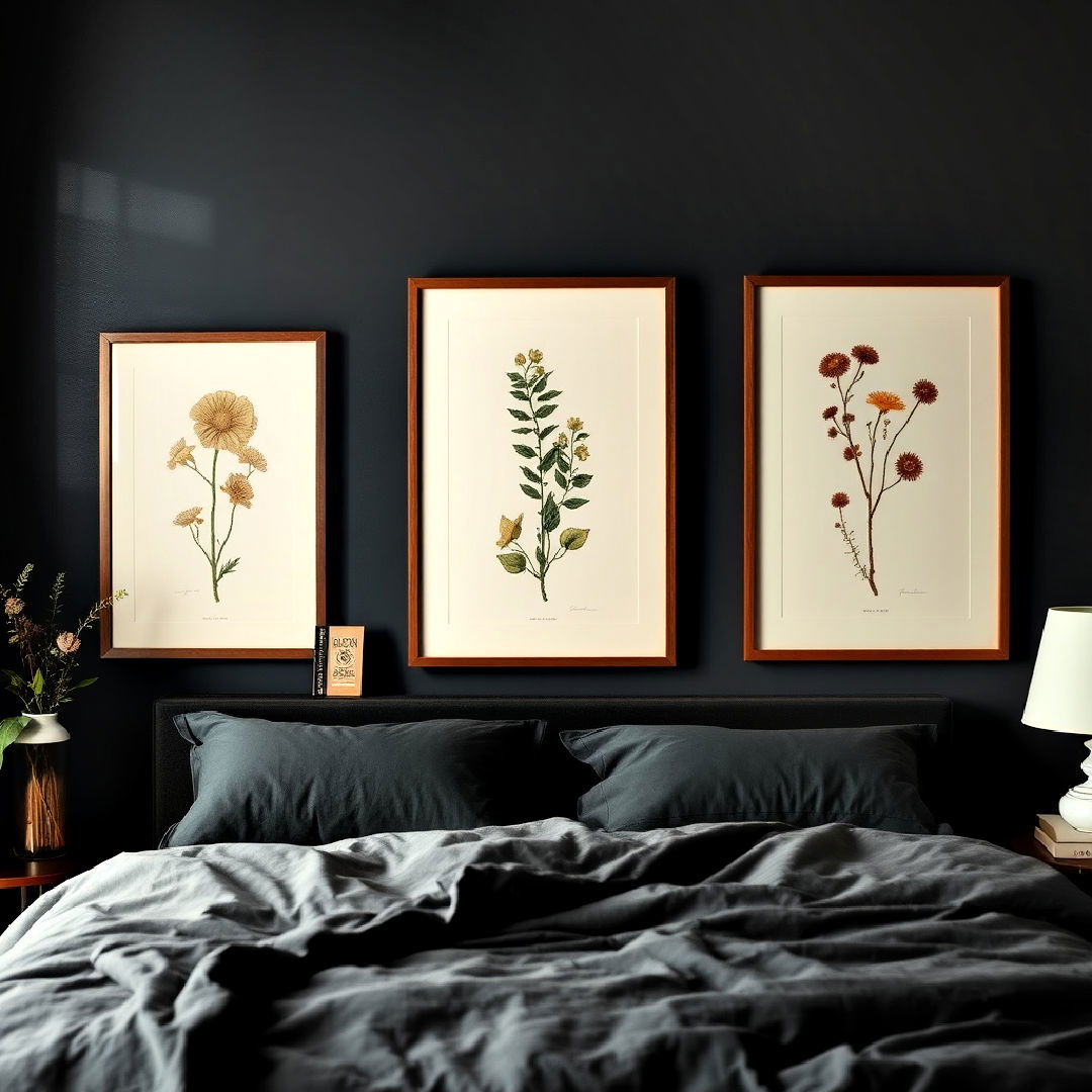framed botanical prints - 25 Dark Academia Bedroom Ideas