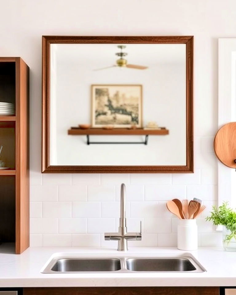 framed mirror above the kitchen sink - 20 Mirror in Kitchen Ideas
