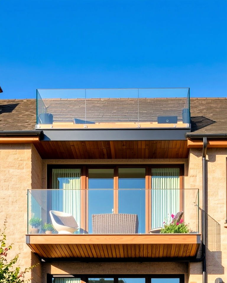 frameless glass balcony with wooden accents - 25 Glass Balcony Design Ideas