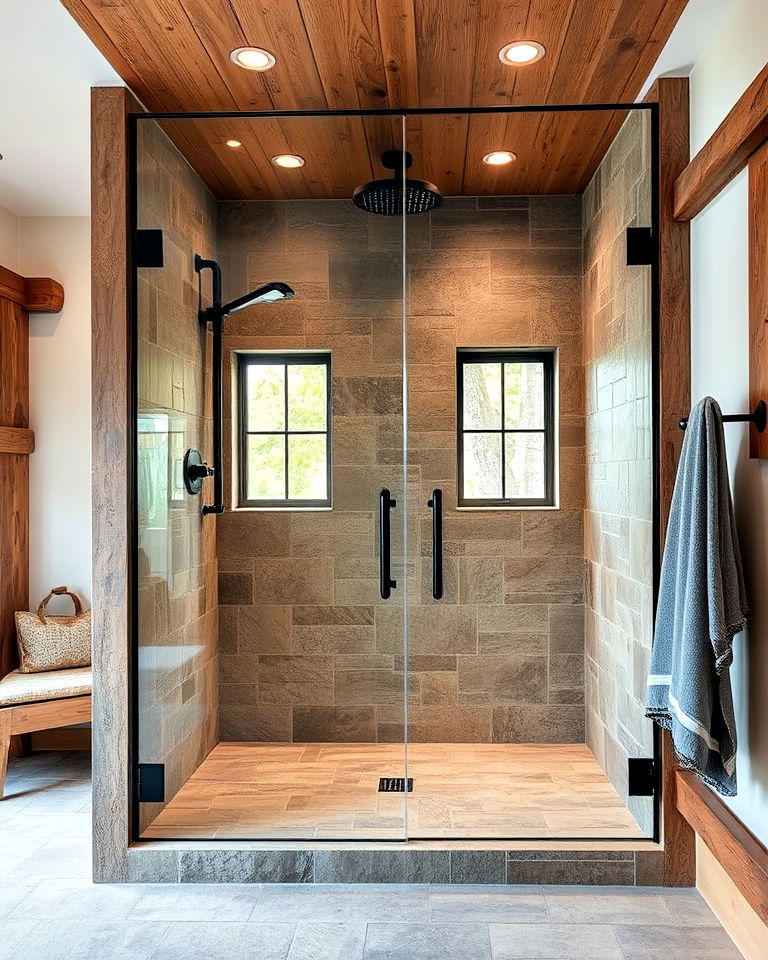 frameless glass doors for rustic walk in shower - 25 Rustic Walk-in Shower Ideas