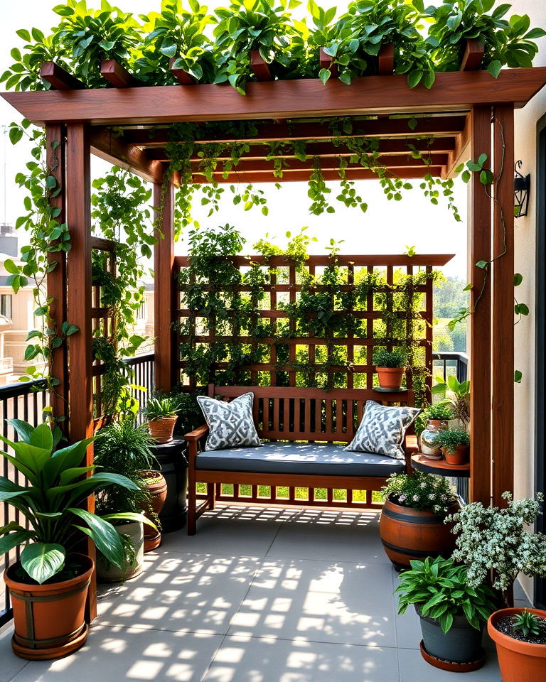 freestanding trellis with integrated seating ideas - 20 Balcony Trellis Ideas