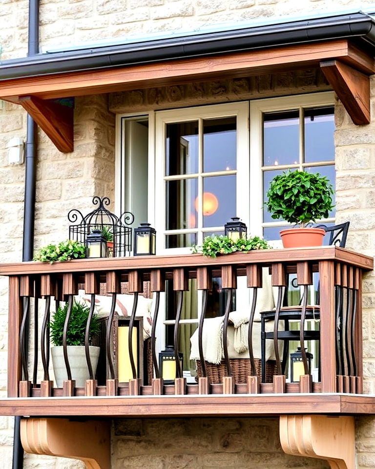 french balcony with rustic wooden accents - 25 French Balcony Ideas