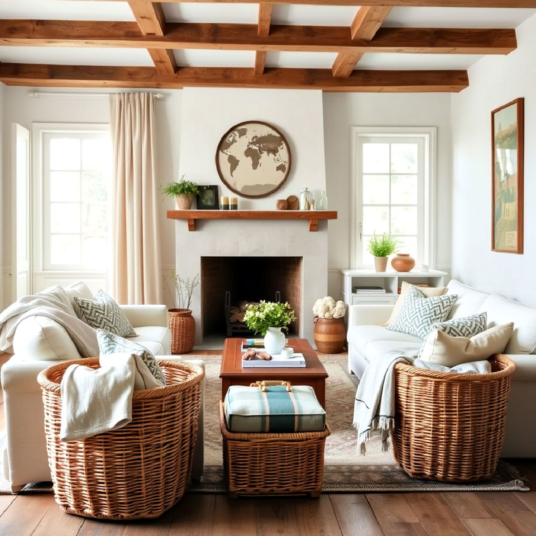 french country living room with cane baskets - 40 French Country Living Room Ideas