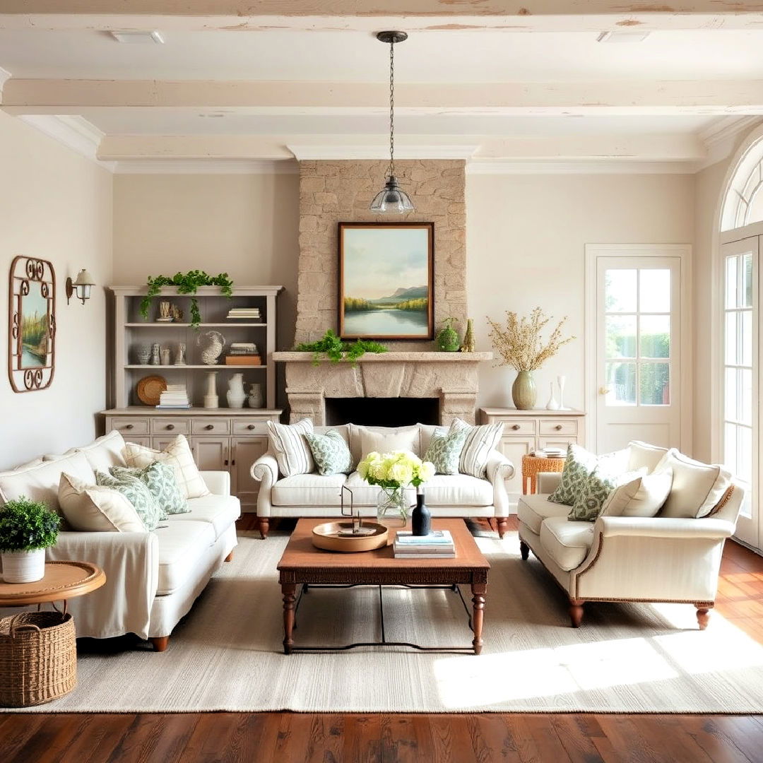 french country living room with linen upholstery - 40 French Country Living Room Ideas