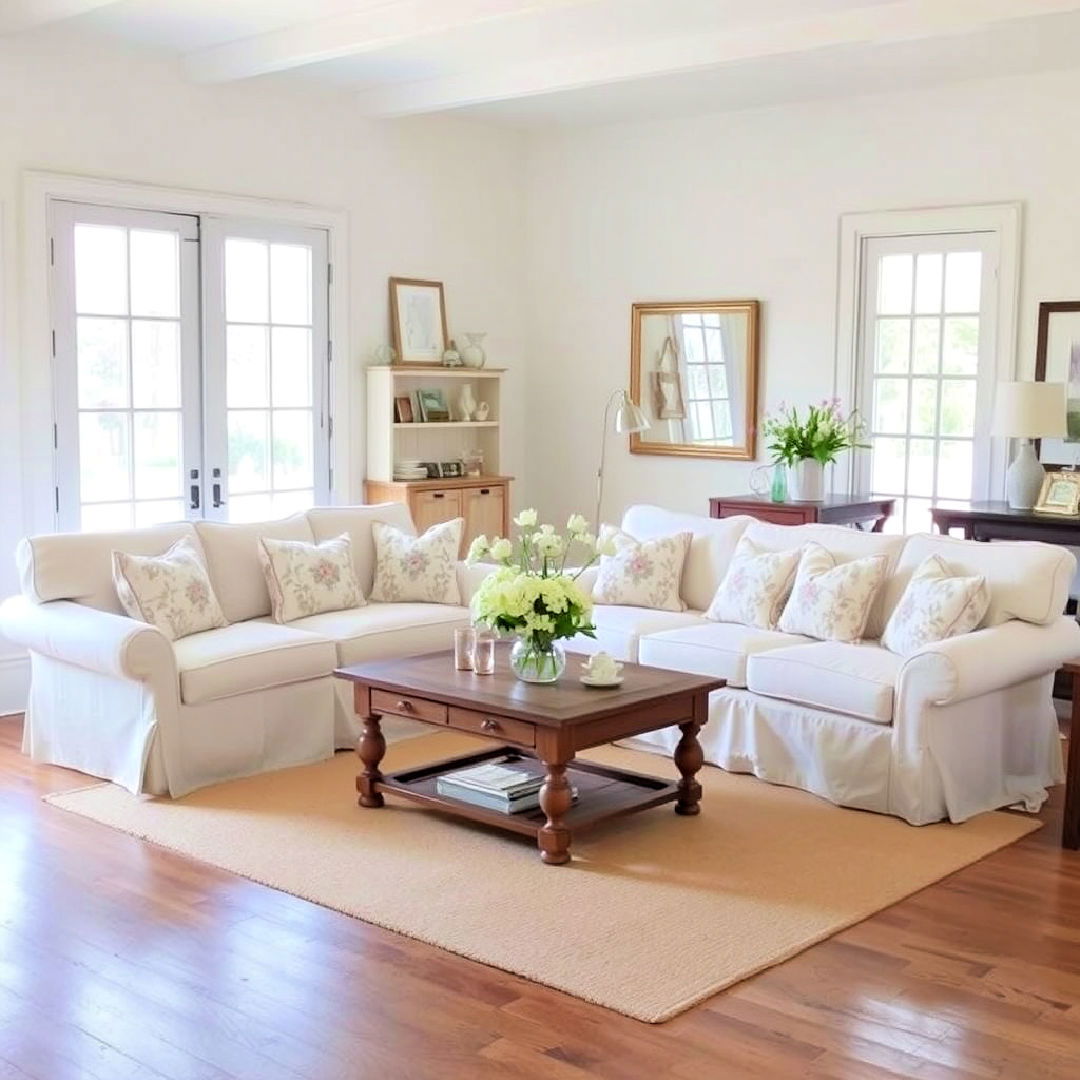 french country living room with slipcovered furniture - 40 French Country Living Room Ideas