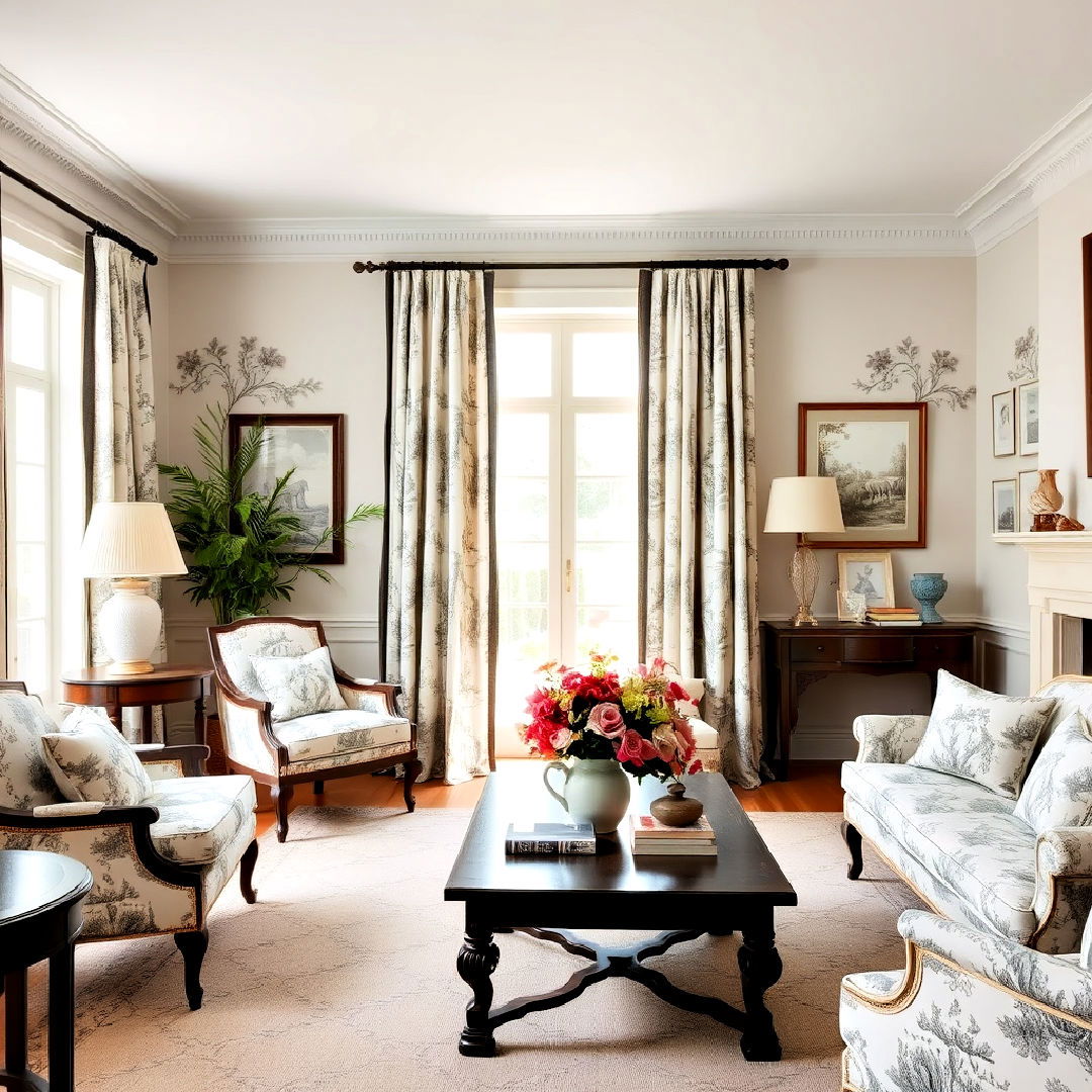 french country living room with toile fabrics - 40 French Country Living Room Ideas