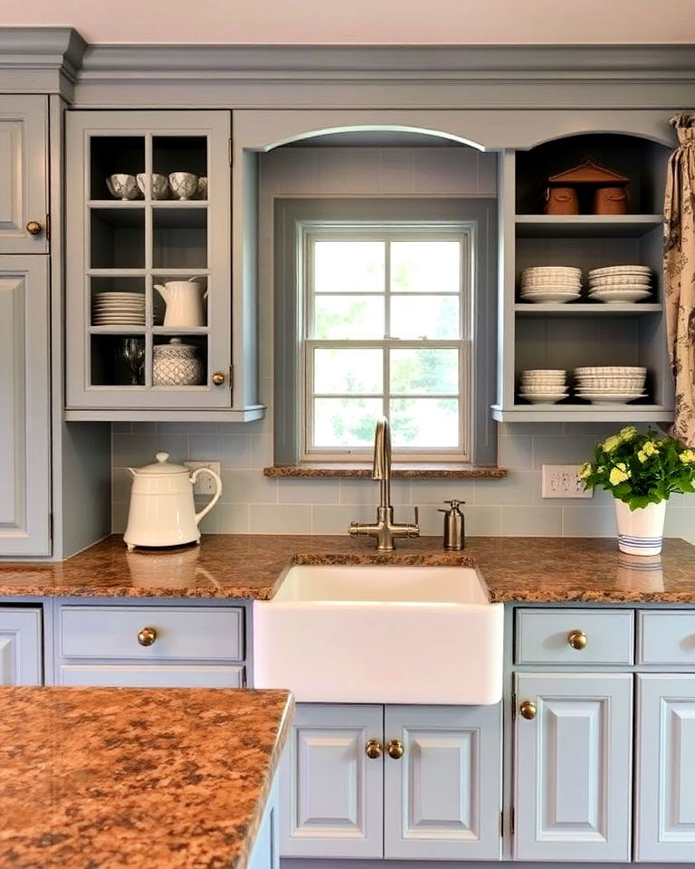 french country vibe and brown granite countertops - 20 Blue Kitchen Cabinets With Brown Granite Countertops