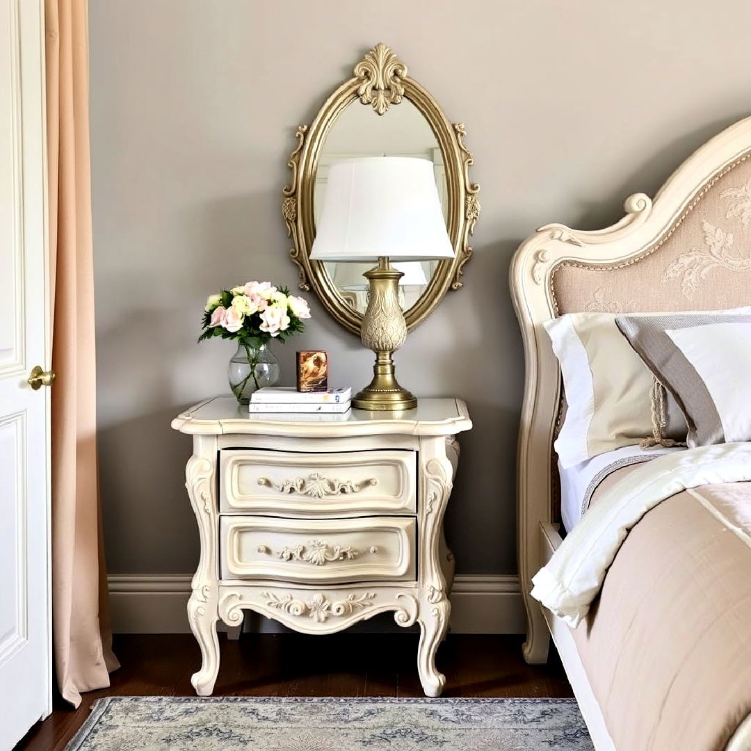 french inspired carved wood bedside table - 25 French Bedroom Decor Ideas